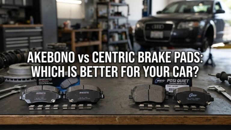 Prompt:  Create one professional 16:9 realistic featured image for a blog article about: Akebono vs Centric Brake Pads: Which Is Better for Your Car? Write the headline in the middle of the image.  Don't write any other text except the headline.
